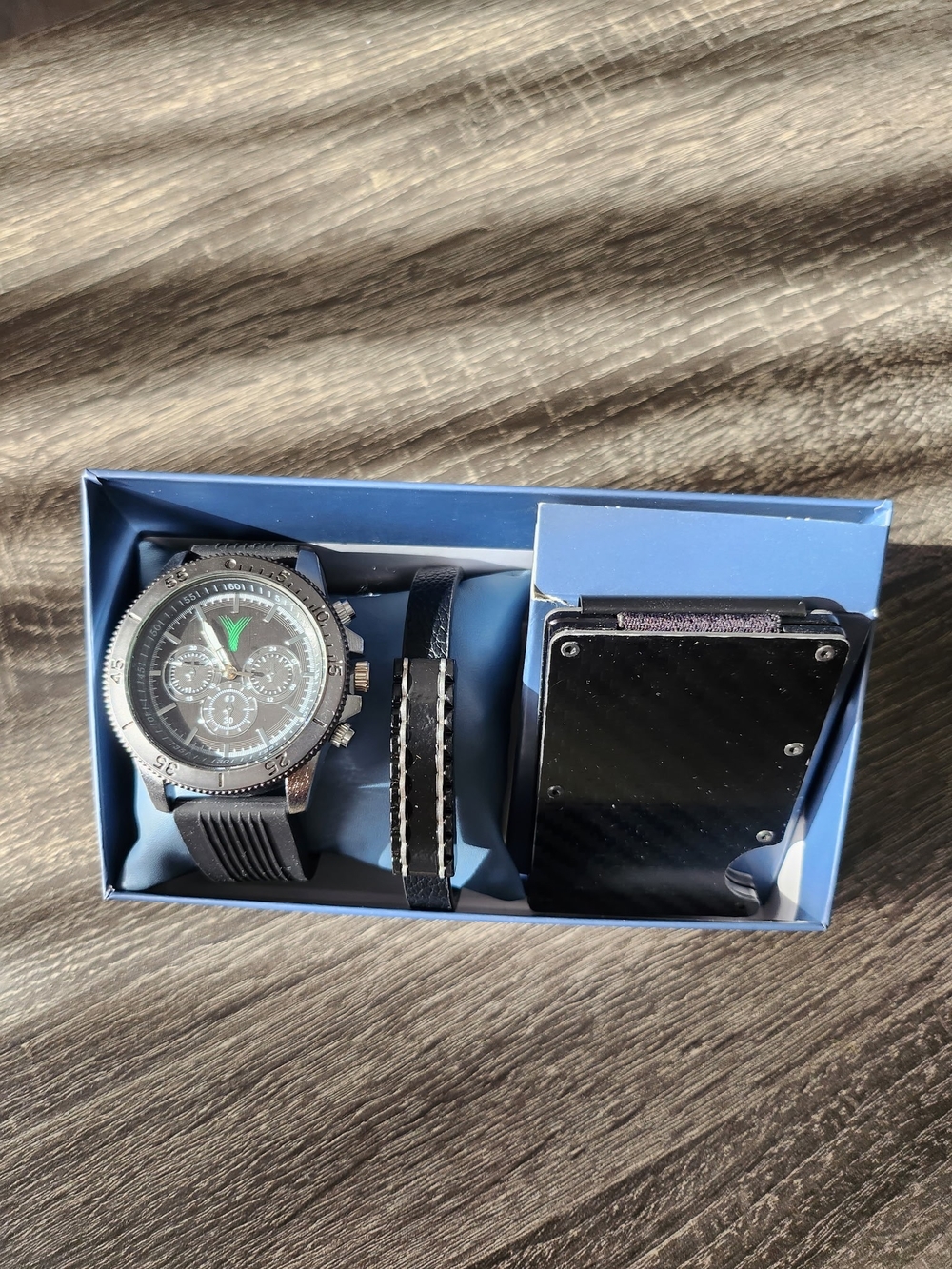Men's Black Chronograph Watch and Leather Wallet Gift Set
